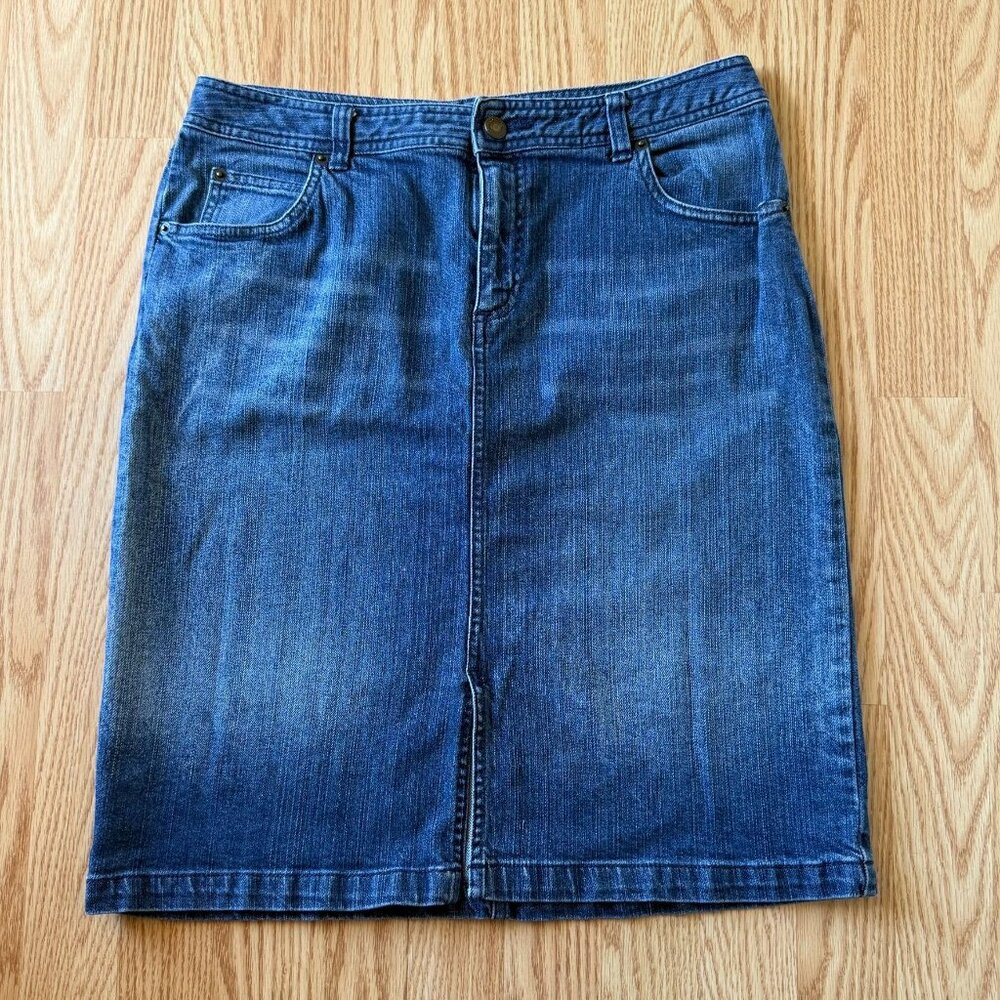 St Johns Bay Denim Skirt Size 12 Blue Stretch Cotton Mid Length Casual Classic